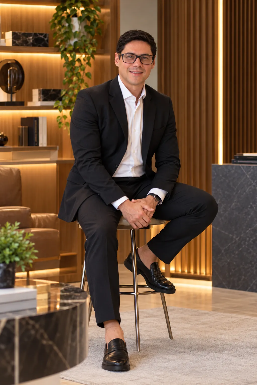 Dr. Felipe Matz sentado em um banco, sorrindo, com estante iluminada ao fundo