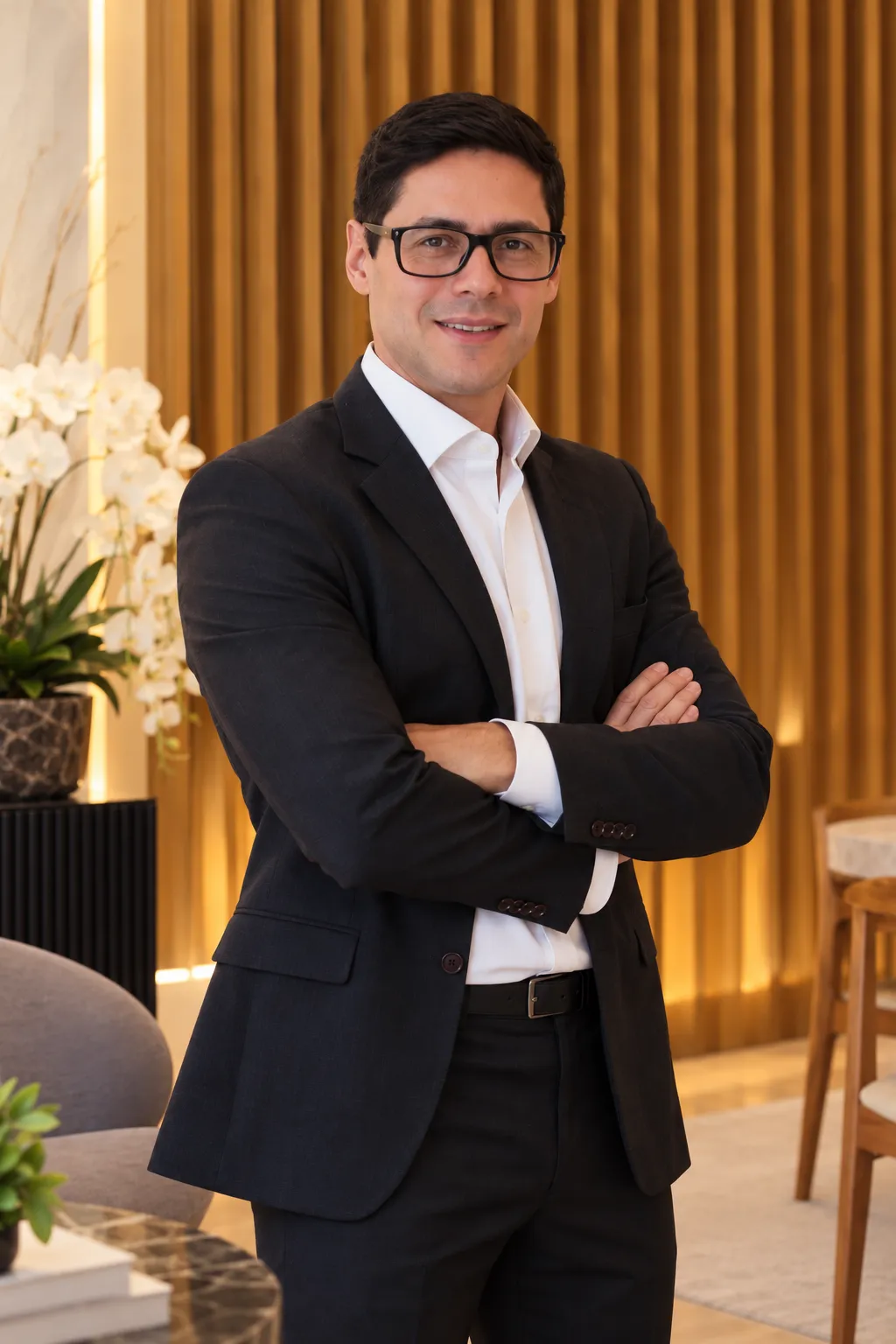 Dr. Felipe Matz de braços cruzados, sorrindo, em ambiente com painel de madeira e orquídeas