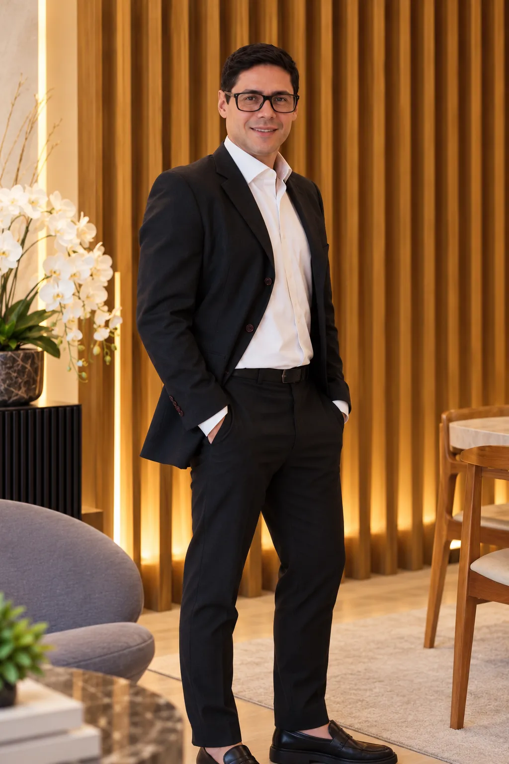 Dr. Felipe Matz em pé, sorrindo, com as mãos nos bolsos
